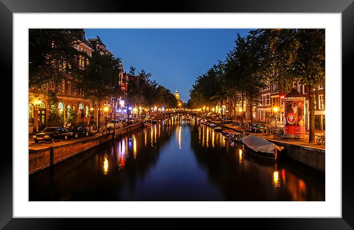 Amsterdam night Canal Scene Framed Mounted Print by Buster Brown