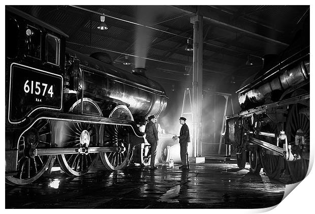 Steam loco crew stop for a chat at night. Print by Ian Duffield