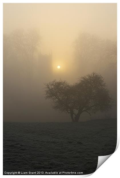 Sunrise & Fog, Hilborough Church, Norfolk Print by Liam Grant
