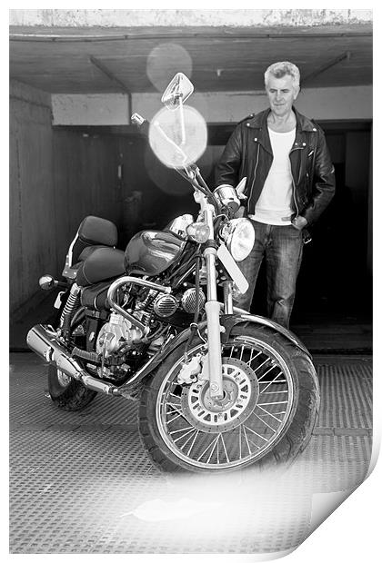 Motorbiker looks on dotingly at his new cruiser Print by Arfabita  