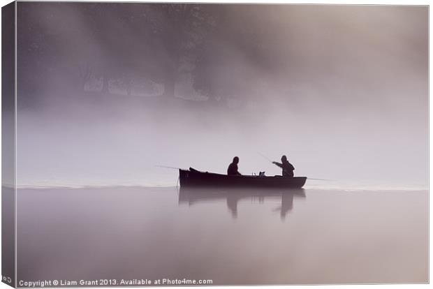 Fishing boat in dawn mist, Esthwaite Water, Lake D Canvas Print by Liam Grant