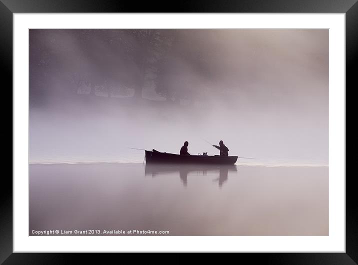 Fishing boat in dawn mist, Esthwaite Water, Lake D Framed Mounted Print by Liam Grant