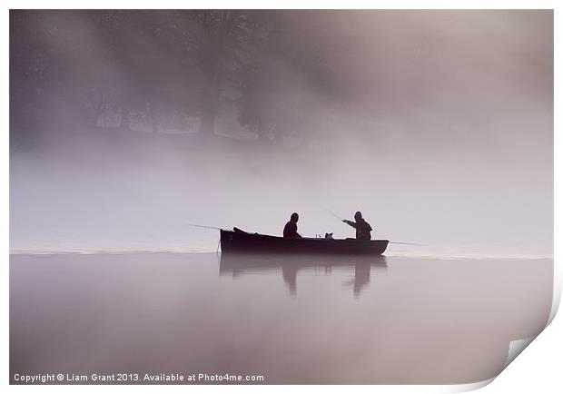 Fishing boat in dawn mist, Esthwaite Water, Lake D Print by Liam Grant