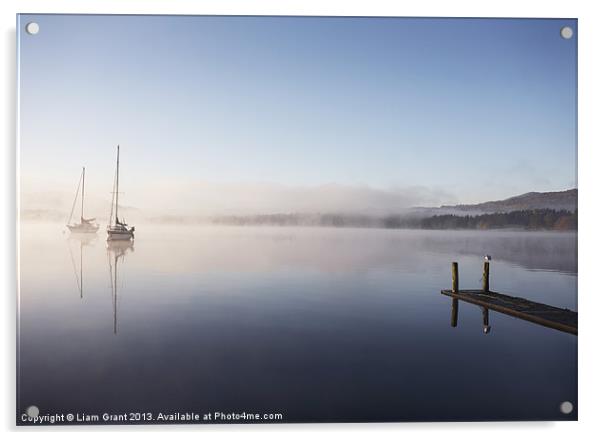Morning mist and boats on Lake Windermere. Acrylic by Liam Grant