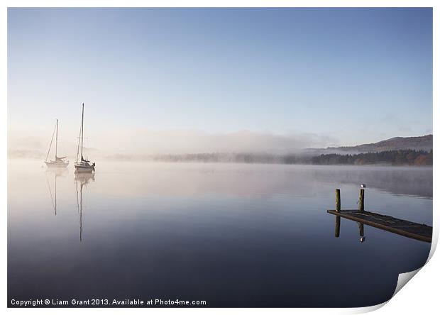 Morning mist and boats on Lake Windermere. Print by Liam Grant