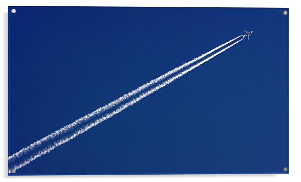 Airplane trail in blue sky Acrylic by patrick dinneen