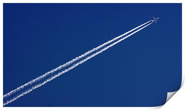 Airplane trail in blue sky Print by patrick dinneen