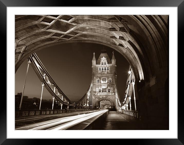 Tower Bridge London at Night, Sepia Toned Framed Mounted Print by Darren Galpin