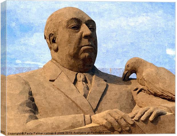 Sand sculpture of Alfred Hitchcock Canvas Print by Paula Palmer canvas