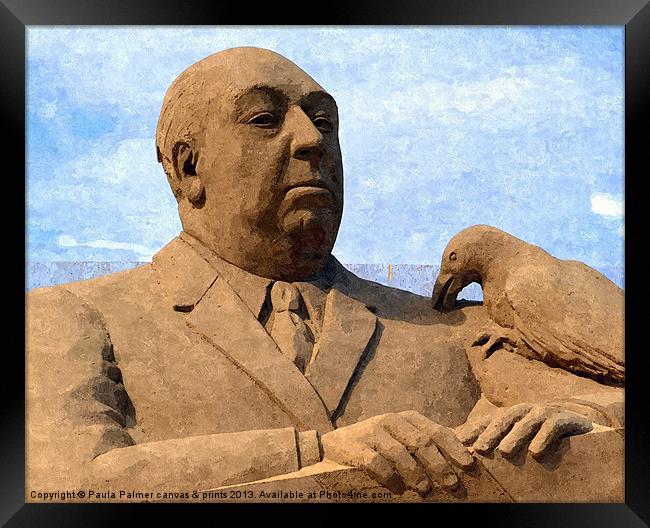 Sand sculpture of Alfred Hitchcock Framed Print by Paula Palmer canvas