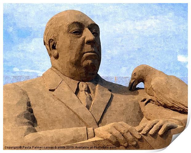 Sand sculpture of Alfred Hitchcock Print by Paula Palmer canvas