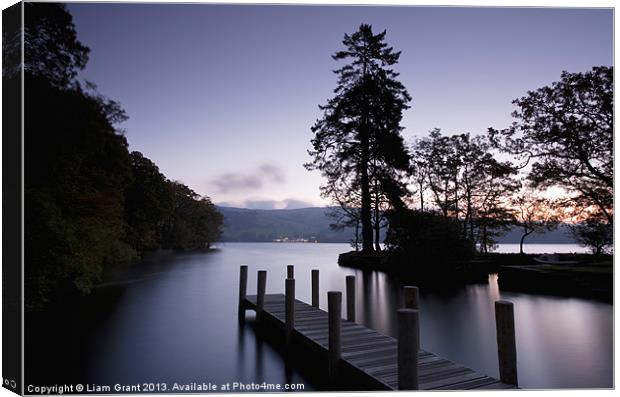 Boathouse jetty at dawn twilight. Low Wray, Lake W Canvas Print by Liam Grant