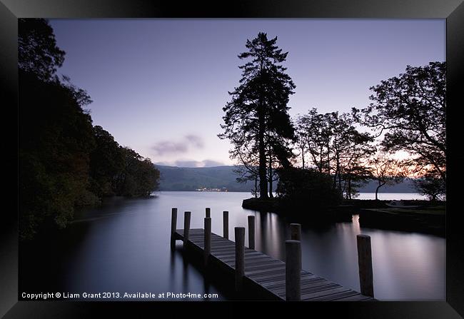 Boathouse jetty at dawn twilight. Low Wray, Lake W Framed Print by Liam Grant