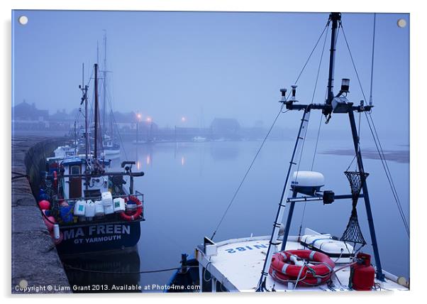 Fishing boats and fog over harbour at dawn. Wells- Acrylic by Liam Grant