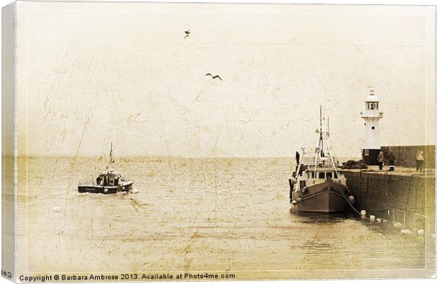 Mevagissey harbour postcard Canvas Print by Barbara Ambrose