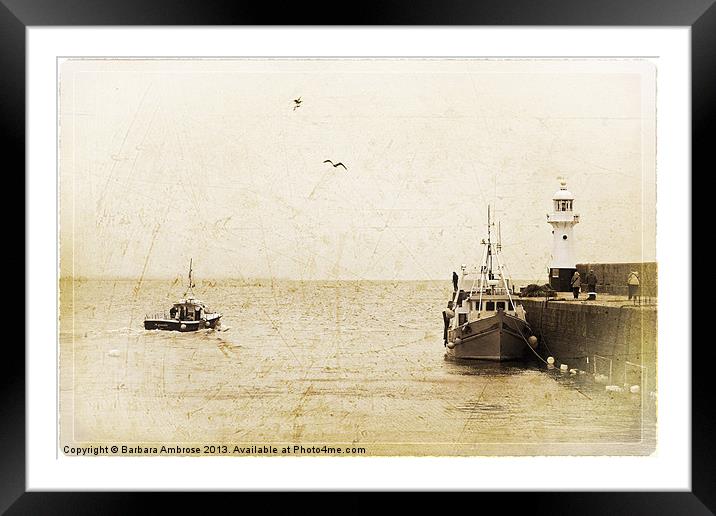 Mevagissey harbour postcard Framed Mounted Print by Barbara Ambrose