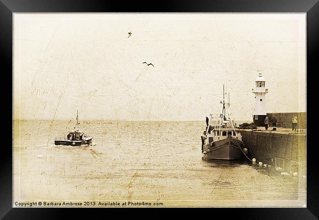 Mevagissey harbour postcard Framed Print by Barbara Ambrose
