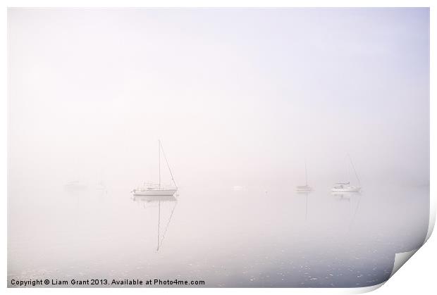 Boats in fog on Lake Windermere. Waterhead, Lake D Print by Liam Grant