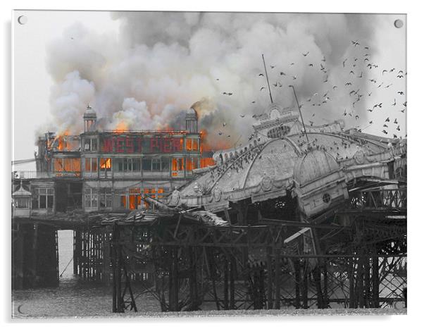 West Pier Fire Acrylic by Terry Busby