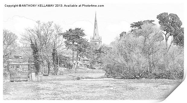 STRATFORD UPON AVON WEIRS PENCIL Print by Anthony Kellaway