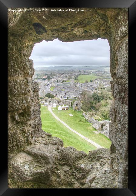 Village viewed from Corfe Castle Framed Print by Chris Day
