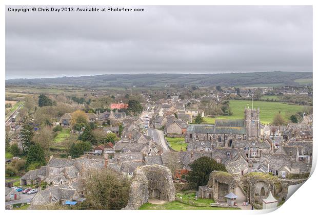 Village view from Corfe Castle Print by Chris Day