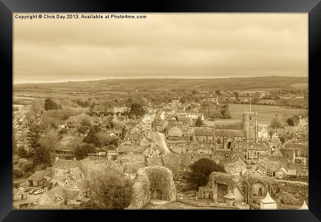 View of the village from Corfe Castle Framed Print by Chris Day
