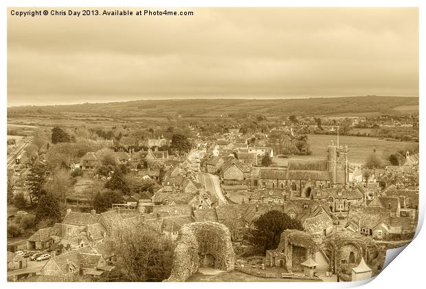 View of the village from Corfe Castle Print by Chris Day