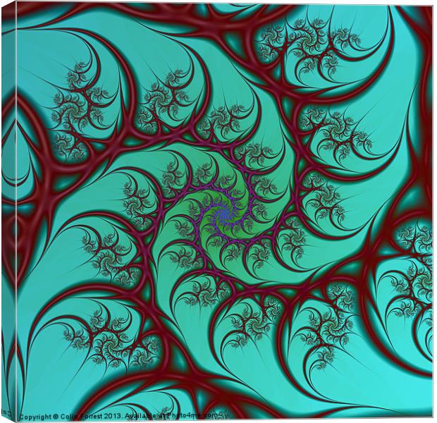 Red on Turquoise Spiral Canvas Print by Colin Forrest