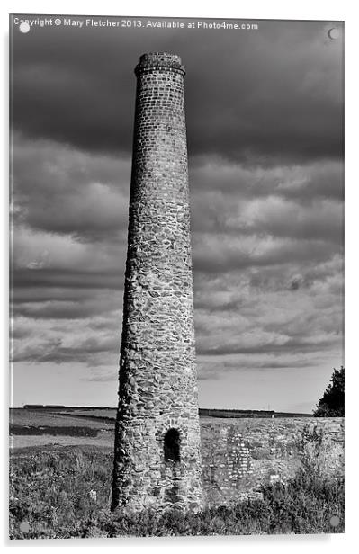 Cornish tin mine chimney in black and white Acrylic by Mary Fletcher