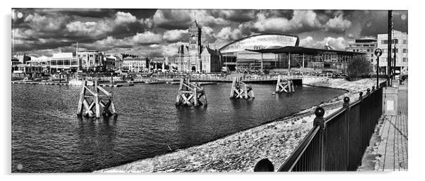 Cardiff Bay Panorama Mono Acrylic by Steve Purnell