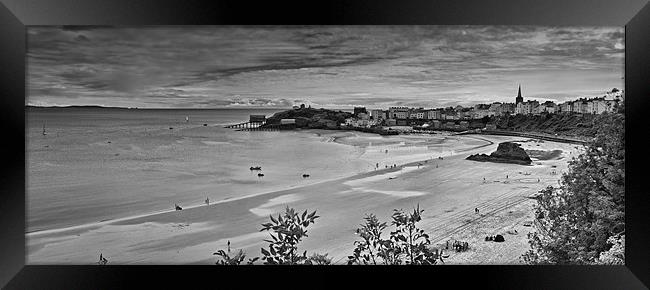 Tenby Panorama 3 Mono Framed Print by Steve Purnell