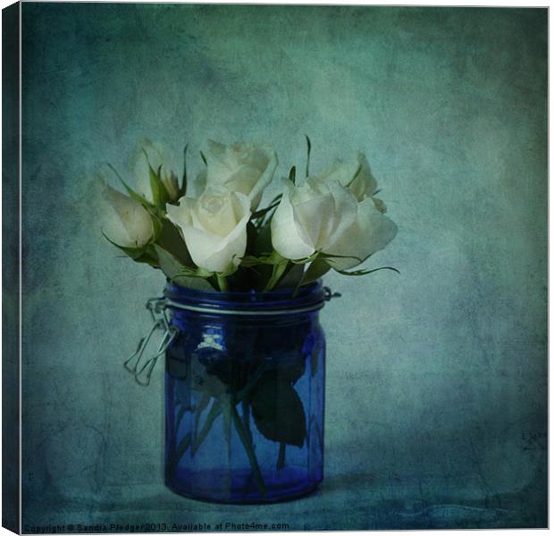 Roses in a blue jar Canvas Print by Sandra Pledger