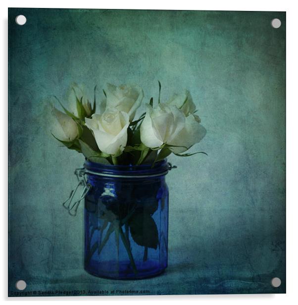Roses in a blue jar Acrylic by Sandra Pledger