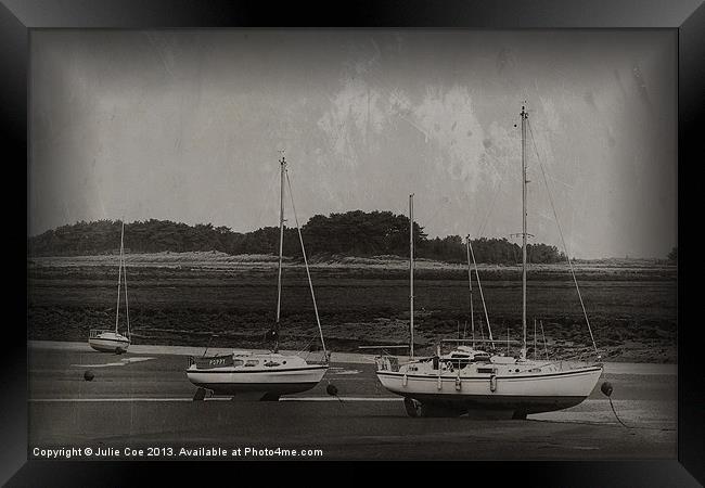 Boats at Wells, Norfolk BW Framed Print by Julie Coe