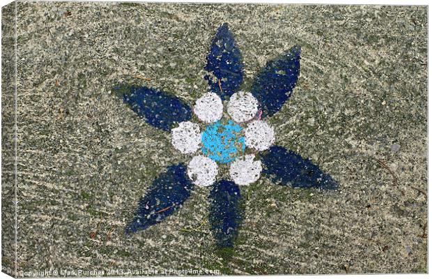 Blue Painted Flower on Rough Concrete Stone Canvas Print by Mark Purches