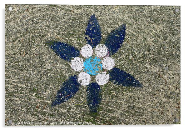 Blue Painted Flower on Rough Concrete Stone Acrylic by Mark Purches