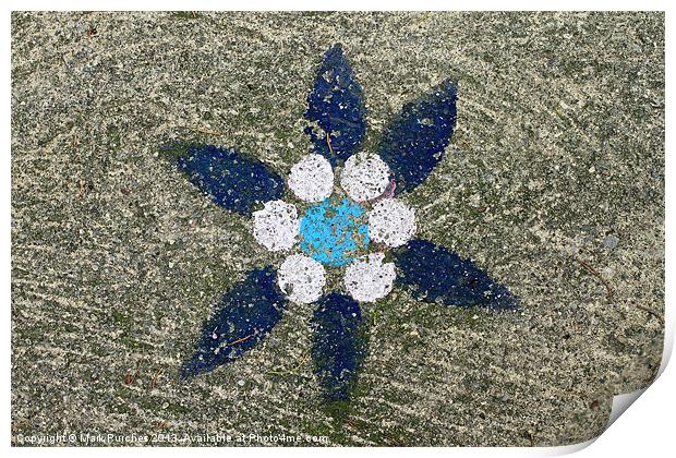 Blue Painted Flower on Rough Concrete Stone Print by Mark Purches