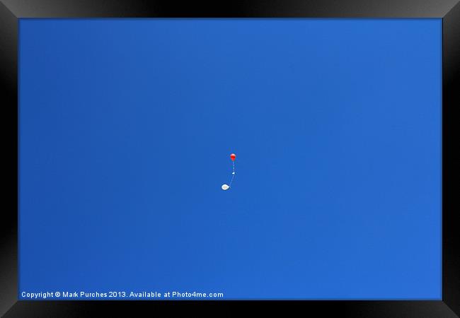 Red and White Balloons in Blue Sky Framed Print by Mark Purches