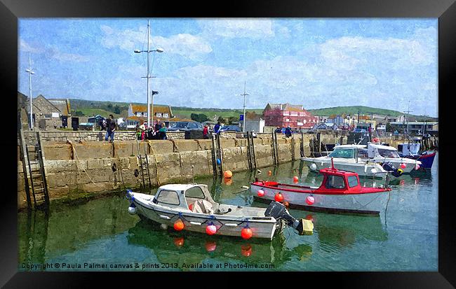 Reflections at West Bay harbour Framed Print by Paula Palmer canvas