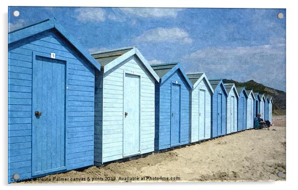Charmouth beach huts Acrylic by Paula Palmer canvas