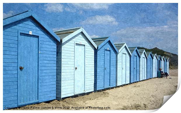 Charmouth beach huts Print by Paula Palmer canvas