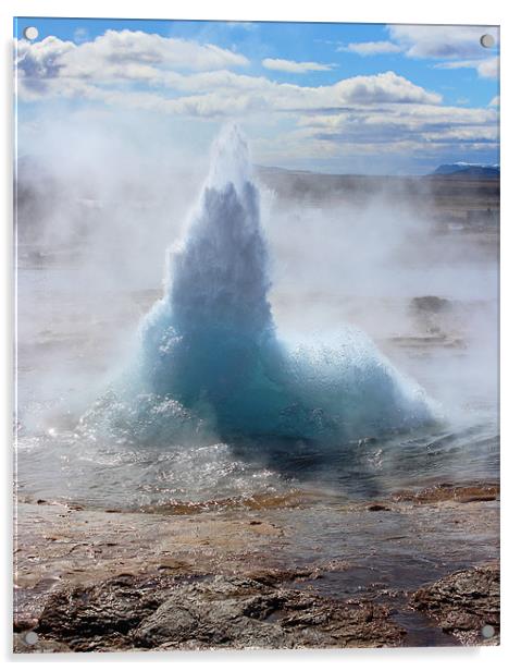 Erupting geysur in Iceland Acrylic by HELEN PARKER