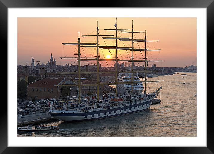 Sunrise through the Rigging Framed Mounted Print by Tom Gomez