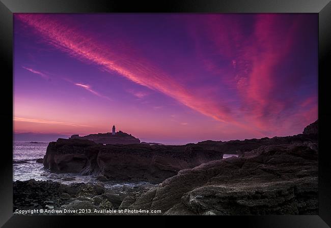 Godrevy lighthouse at sunset Framed Print by Andrew Driver