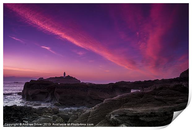 Godrevy lighthouse at sunset Print by Andrew Driver