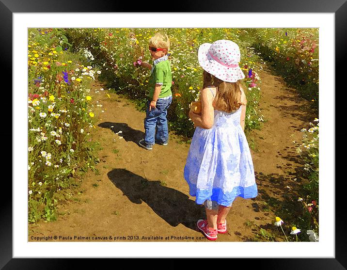 Children in the wildflower meadow Framed Mounted Print by Paula Palmer canvas