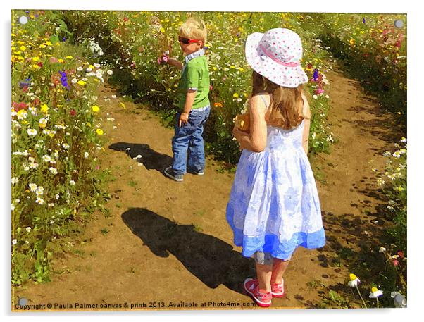 Children in the wildflower meadow Acrylic by Paula Palmer canvas