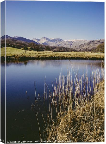 Langdale Pikes and River Brathay. Elterwater. Canvas Print by Liam Grant
