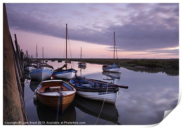 Boats at dawn, Blakeney Harbour. Print by Liam Grant
